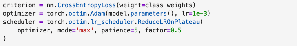 Weighted cross-entropy loss, Adam optimizer, and a plateau learning-rate scheduler.