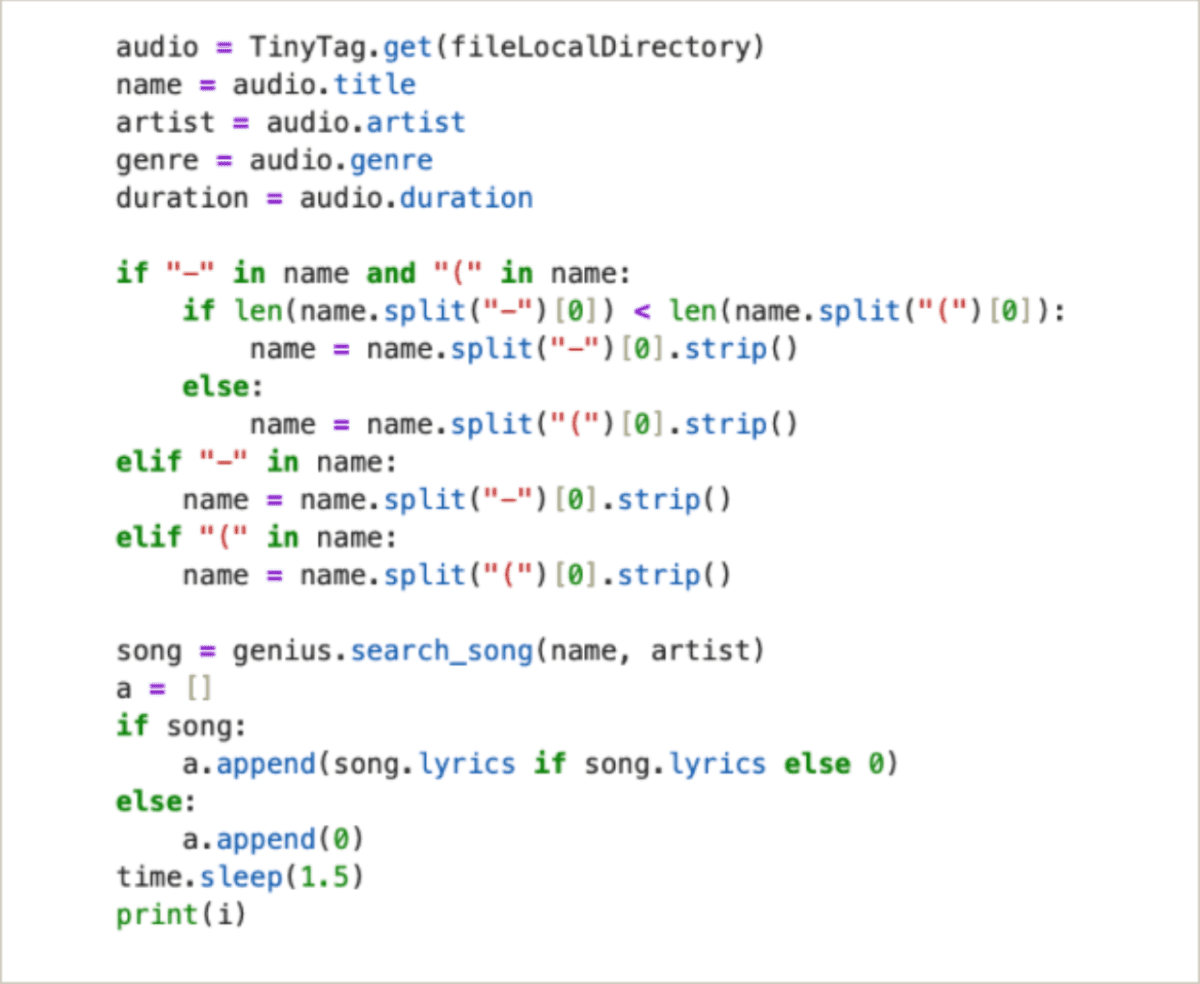 TinyTag metadata extraction and LyricsGenius API lookup code.
