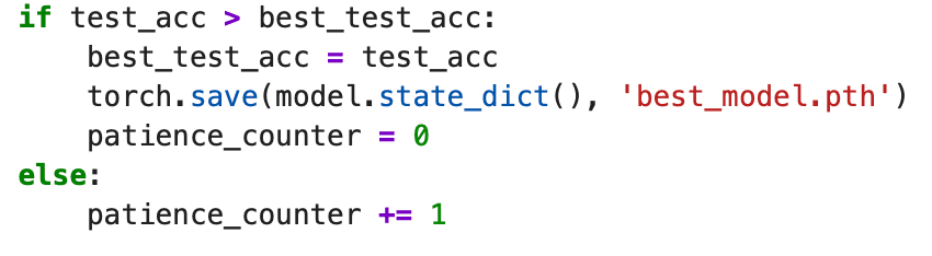 Early-stopping logic that checkpoints the best model by test accuracy.