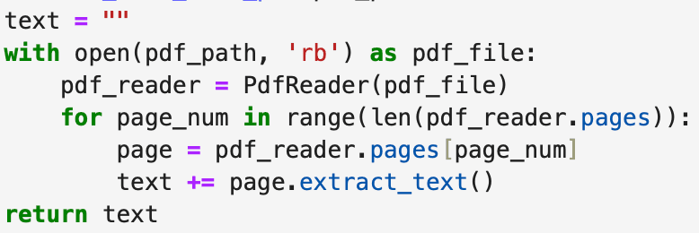 Raw text extraction from each PDF page using PyPDF2.