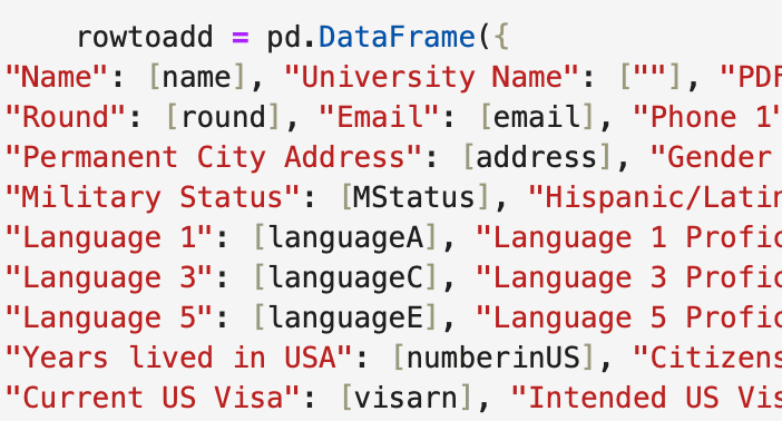 Assembling each applicant's extracted fields into a structured output row.
