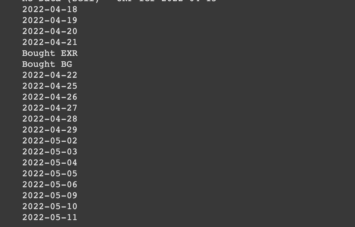 Backtester output log: simulated buy and sell trades day by day.